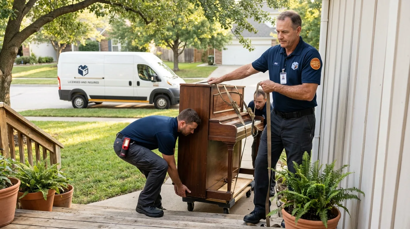 Licensed piano movers securing grand piano in Jamul, CA