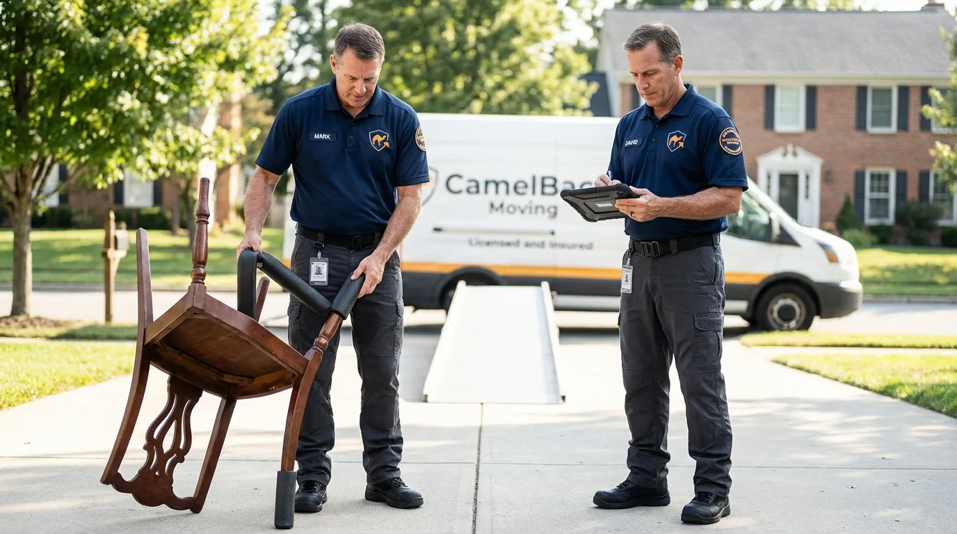 Movers inspecting furniture for damage prevention before loading in Jamul, CA