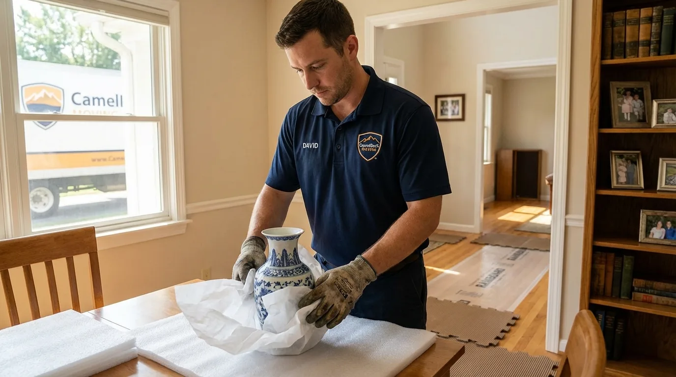 Professional crew carefully wrapping antique vase for senior downsizing move in Jamul, CA